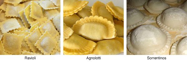Tipos de pasta. ravioli, agnolotti y sorrentinos.
