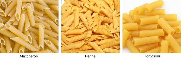 Tipos de pasta. Macheroni, penne y Tortiglioni