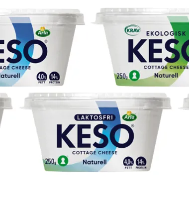 KESO® Naturell 250 g (Original, Mini, Ekologisk, Laktosfri, Protein) med ny förpackningsdesign och pappersfiberbägare lanseras v.16 i butik.