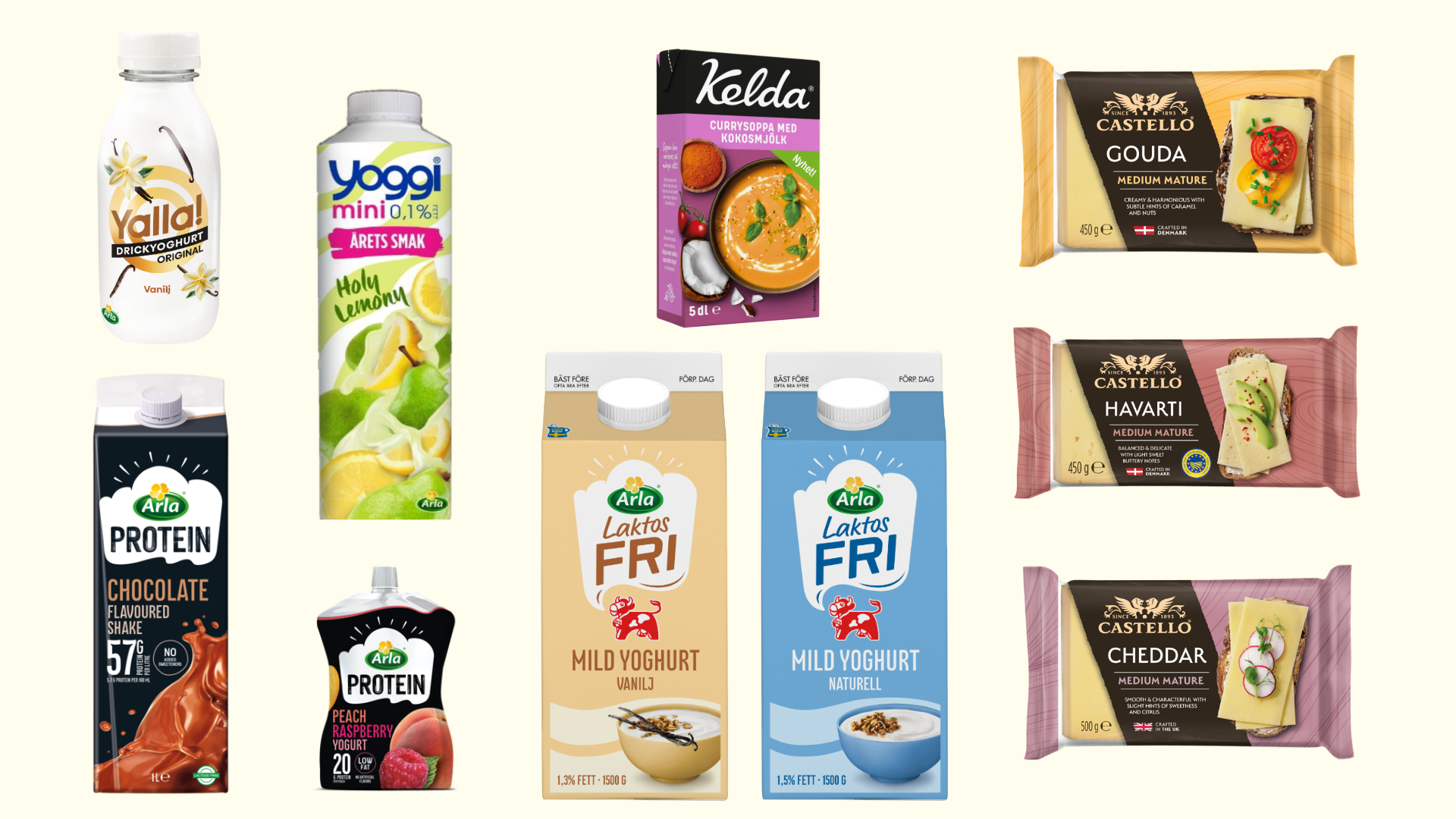 Samtliga produkter finns i butik från och med vecka 7, med undantag för Keldas currysoppa som går att köpa från och med vecka 10. Foto: Arla.