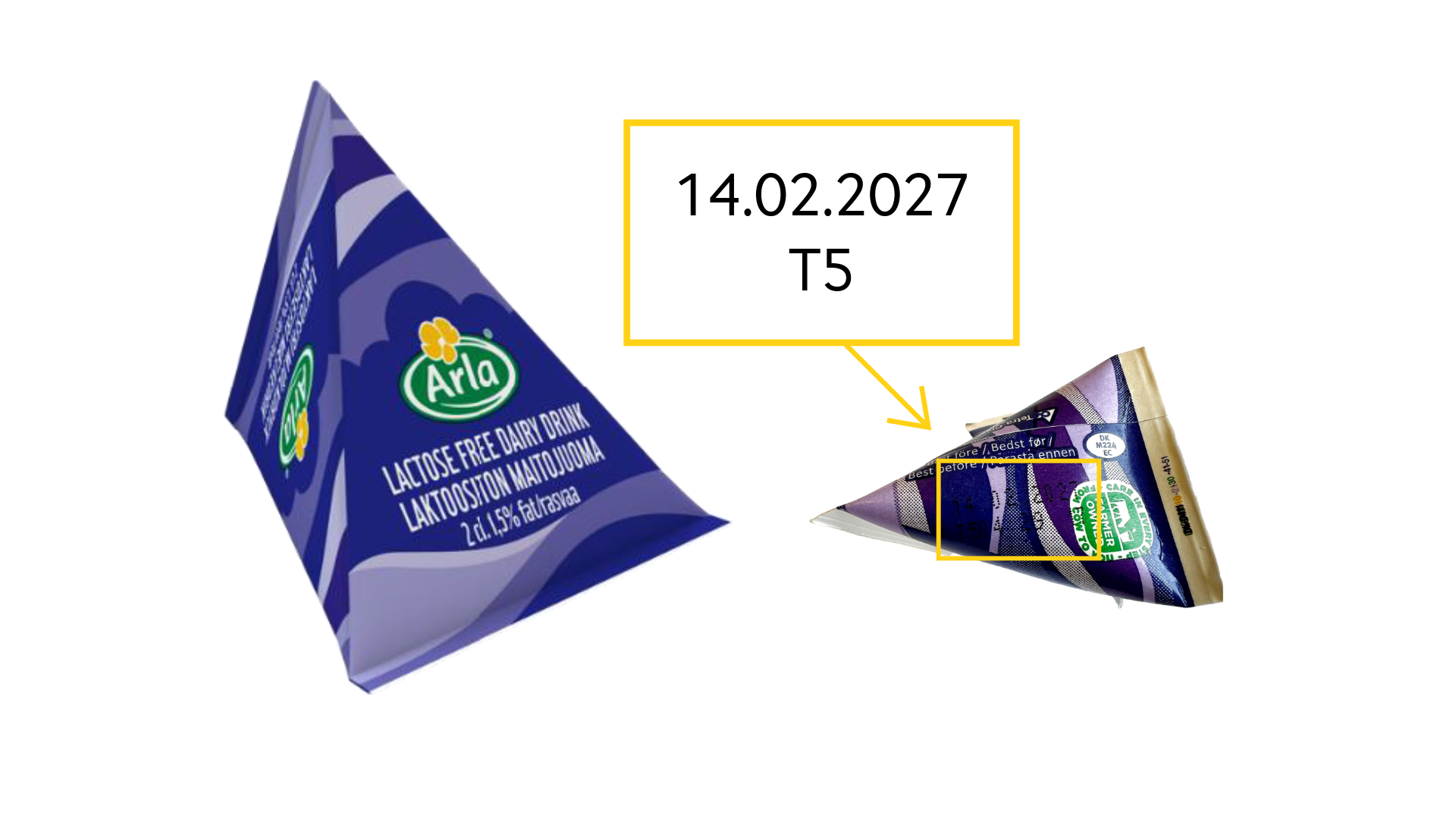 Laktosfri mellanmjölkdryck 1,5 % portion med bäst före-datum 14.02.2027 och linjekod T5 återkallas. Foto: Arla