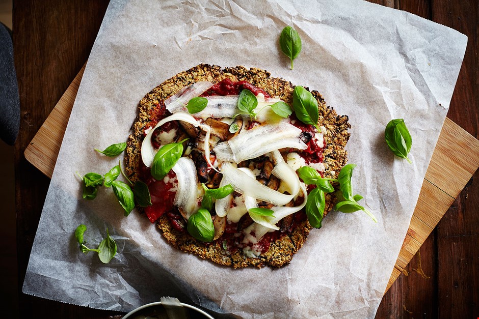 Carrot pizza with portobello mushrooms and chorizo