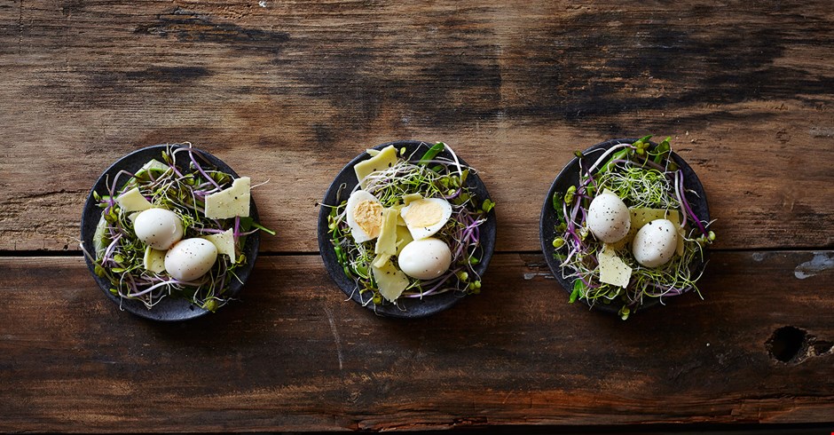Bird's nests with quail's eggs and tickler mature cheddar