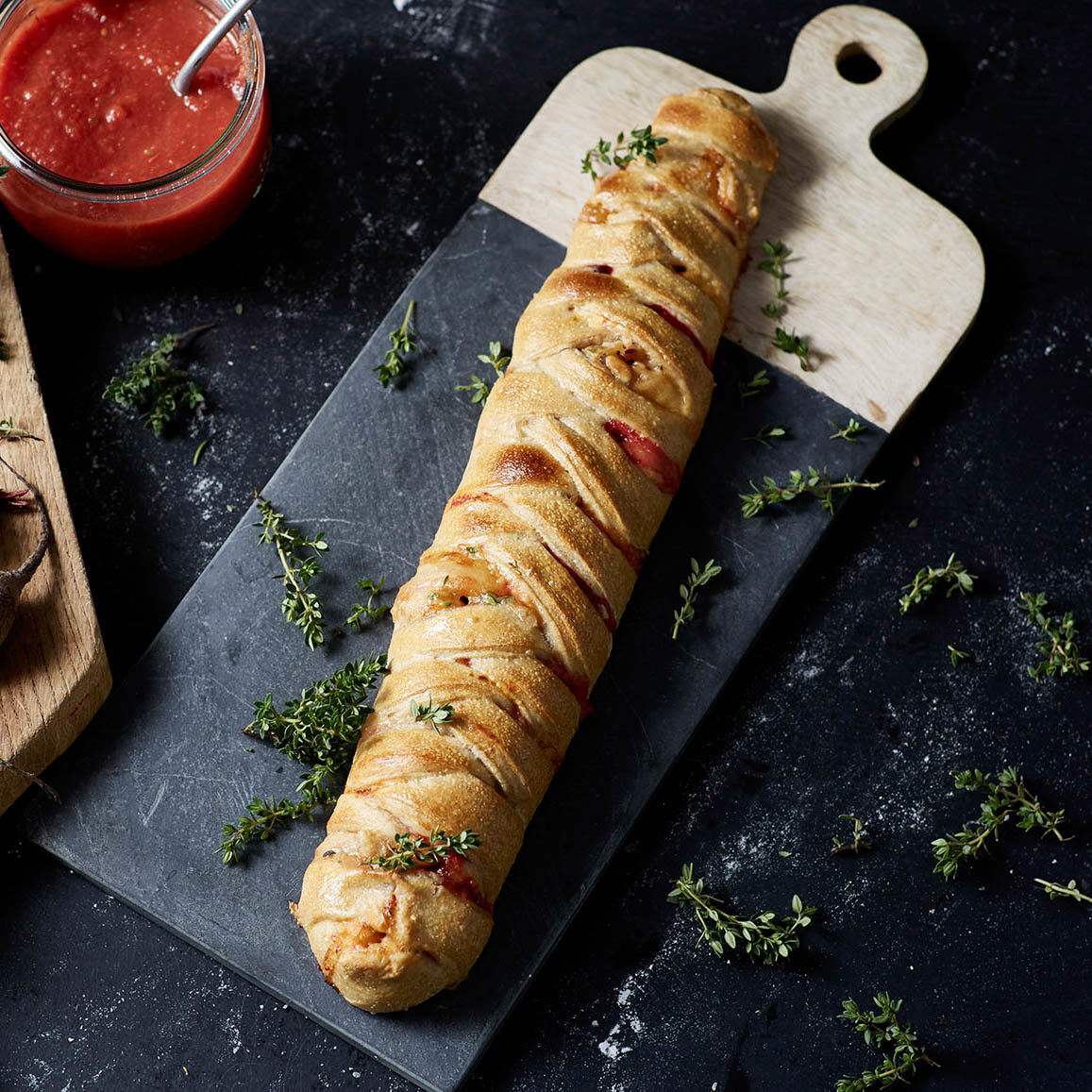 Plaited Pizza Loaf with creamy blue cheese, Beetroot, Pine nuts and Thyme