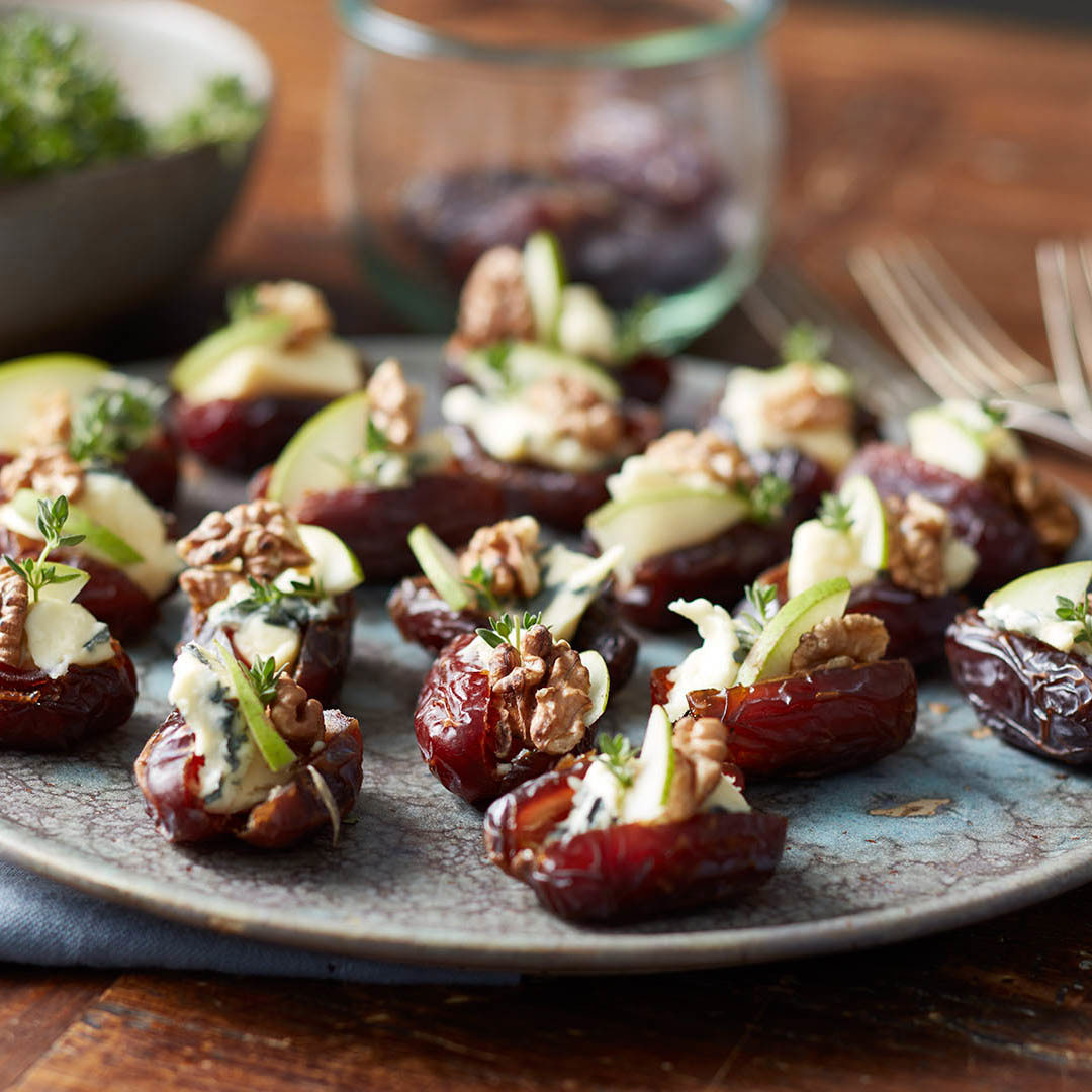 Stuffed dates with Castello Extra Creamy Danish Blue, walnuts and pear